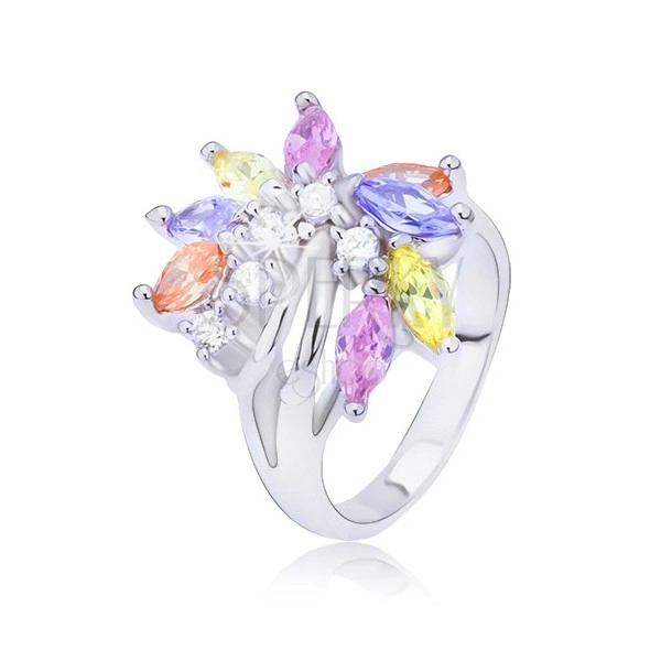 Silver ring with colourful zircon fan
