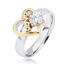 Steel ring with gold heart contour and clear zircon, Love