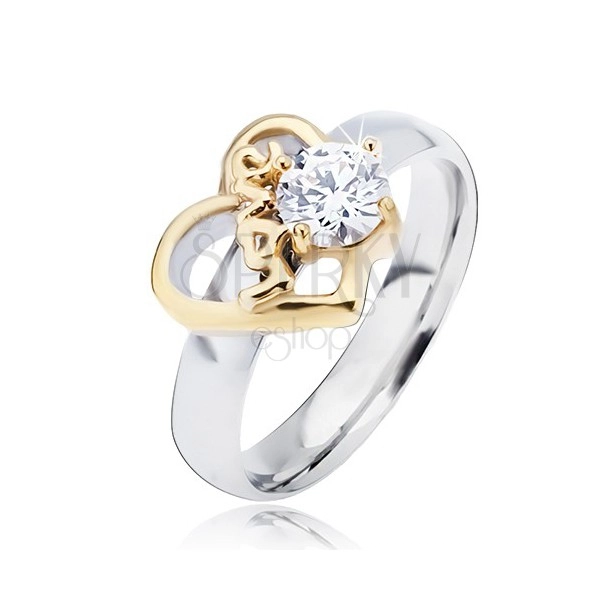 Steel ring with gold heart contour and clear zircon, Love