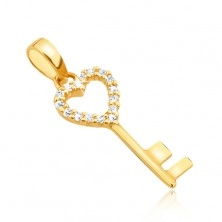 Pendant made of yellow 14K gold - glossy key, symmetrical heart contour, stones