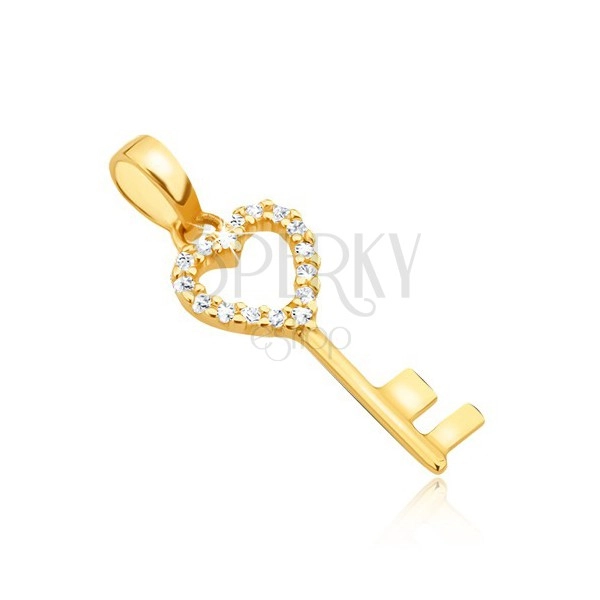 Pendant made of yellow 14K gold - glossy key, symmetrical heart contour, stones