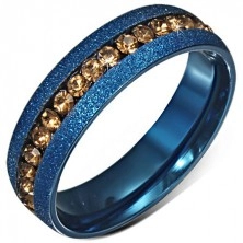 Blue anodised wedding ring with sandblasted finish, yellow zircon stripe