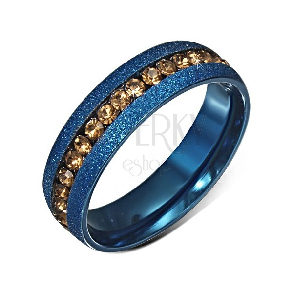 Blue anodised wedding ring with sandblasted finish, yellow zircon stripe