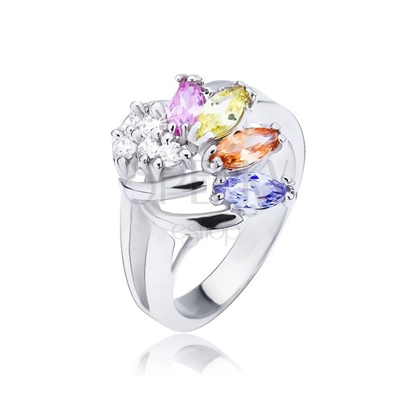 Shiny ring in silver colour, fan made of colourful and clear zircons