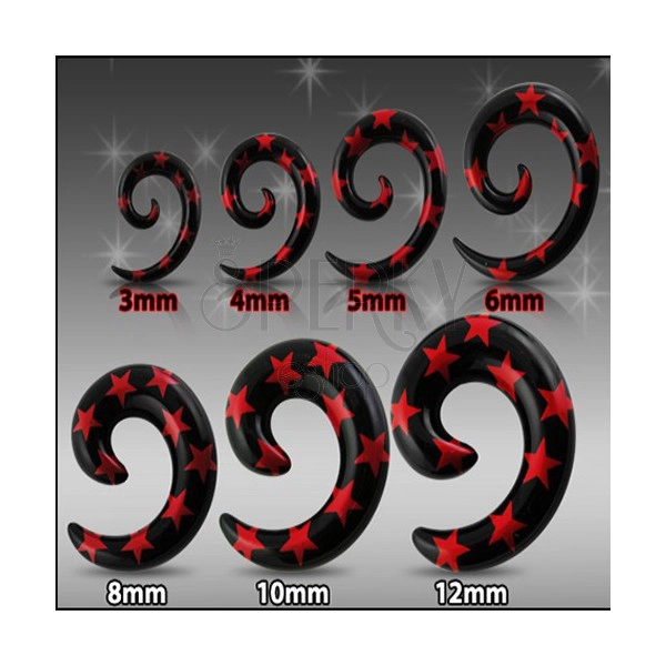 Black ear expander - spiral with red stars