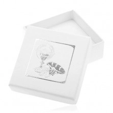 White gift box with silver picture of 1. Holy Communion