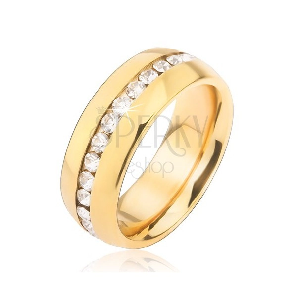 Gold band ring made of surgical steel with stripe of clear zircons