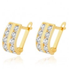 Gold earrings - vertical zircon stripes, rounded shiny surface
