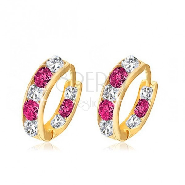 Round earrings made of yellow 14K gold - clear and dark pink zircons