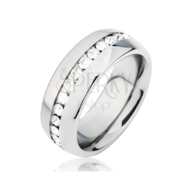 Glossy silver steel band ring, central groove with clear stones