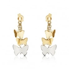Two-tone earrings made of 14K gold - shiny butterflies on chainlets