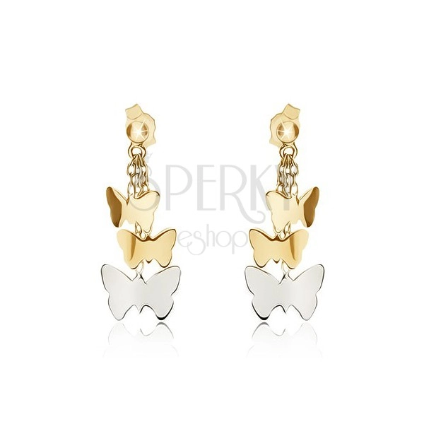 Two-tone earrings made of 14K gold - shiny butterflies on chainlets