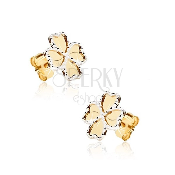 Earrings made of yellow 14K gold - flat engraved quatrefoil, contour