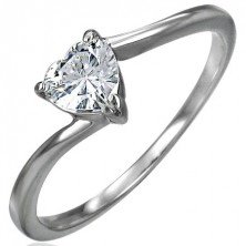 Engagement steel ring, zircon clear heart, narrow bent shoulders