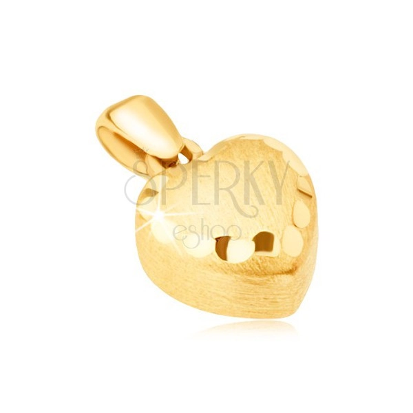 Gold pendant - regular 3D heart, satin finish, decorative grooves