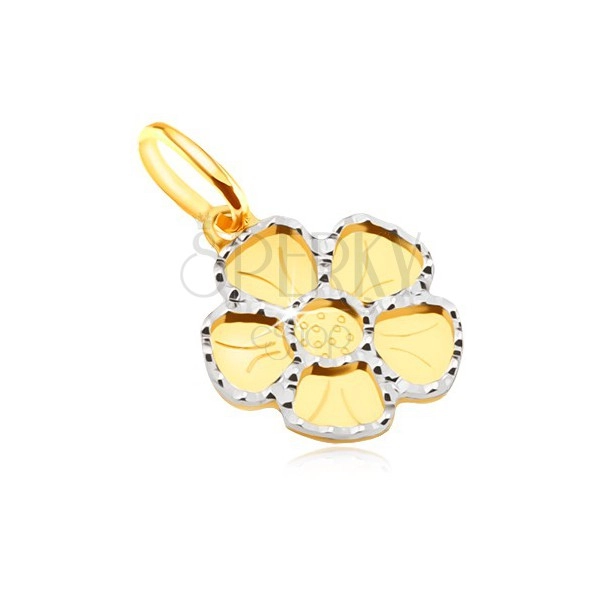 Pendant made of yellow 14K gold - flat flower with five petals, engraving