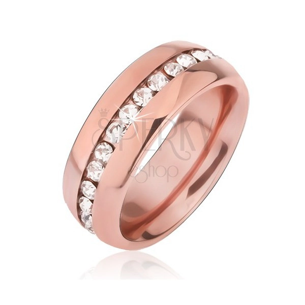 Steel band ring in copper colour, notch with clear zircons