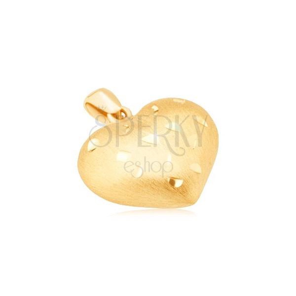Gold pendant - regular 3D heart, tiny glossy grooves, satin finish