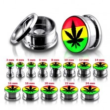 Steel ear tunnel plug, marijuana leaf and rasta colours