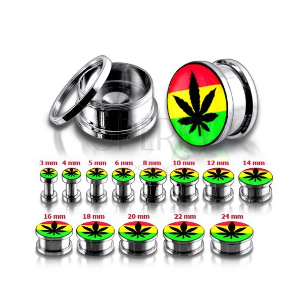 Steel ear tunnel plug, marijuana leaf and rasta colours