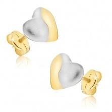 Gold earrings - two-tone symmetrical hearts, stud closure