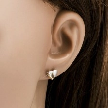 Gold earrings - two-tone symmetrical hearts, stud closure