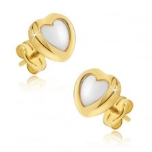 Gold earrings - two-tone regular hearts, shiny rounded surface