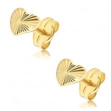Earrings made of yellow 14K gold - irregular shimmering hearts, radial grooves