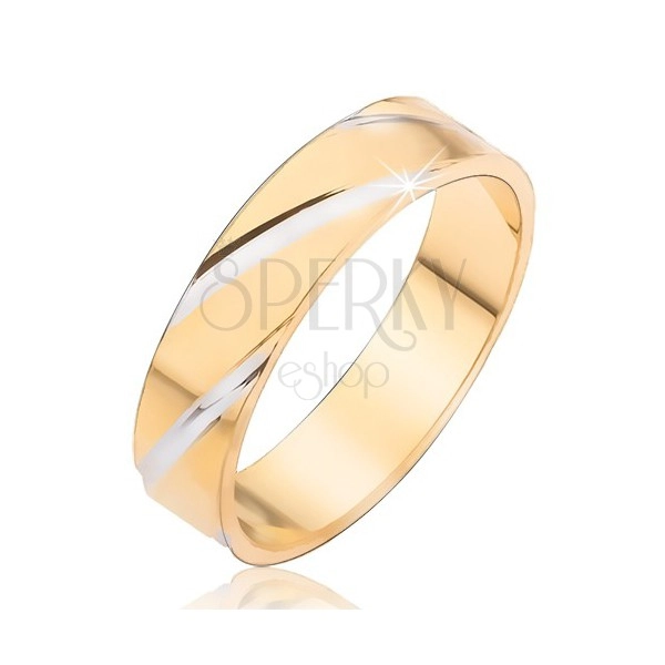 Gold band ring with silver diagonal grooves