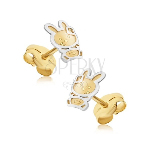 Gold earrings - two-tone bunny with satin finish, glossy contour