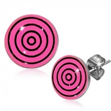 Stud earrings made of surgical steel, pink and black circles