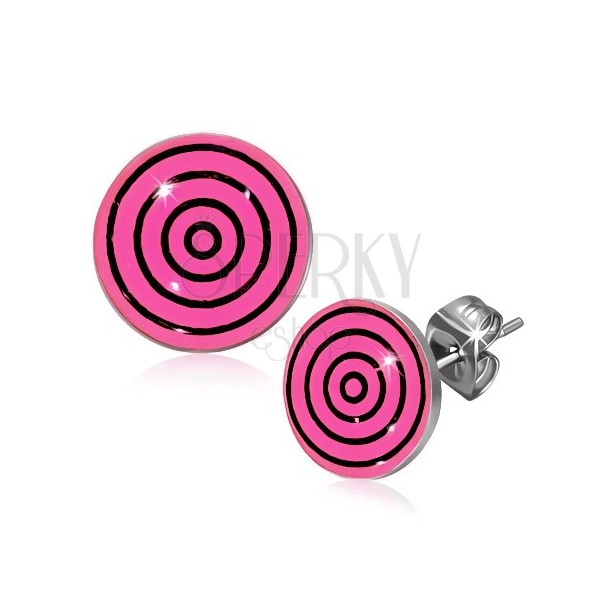 Stud earrings made of surgical steel, pink and black circles