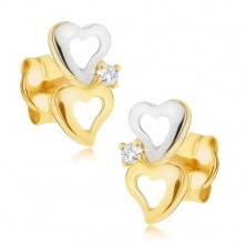 Gold two-tone earrings - contours of irregular hearts, small zircon
