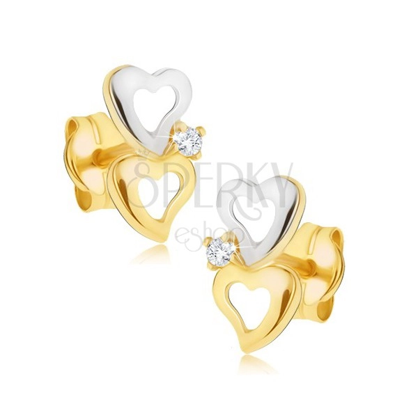 Gold two-tone earrings - contours of irregular hearts, small zircon