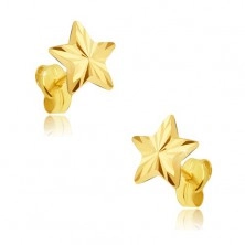 Earrings made of yellow 14K gold - five-pointed sparkling star, radial notches