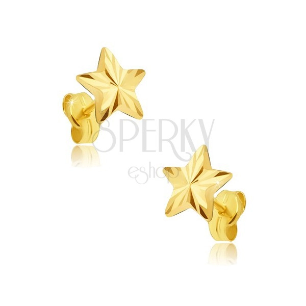 Earrings made of yellow 14K gold - five-pointed sparkling star, radial notches