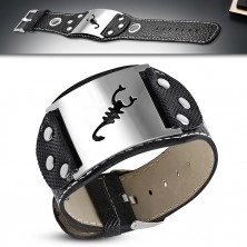 Leather imitation bracelet - token with motif of scorpion, circles, rivets