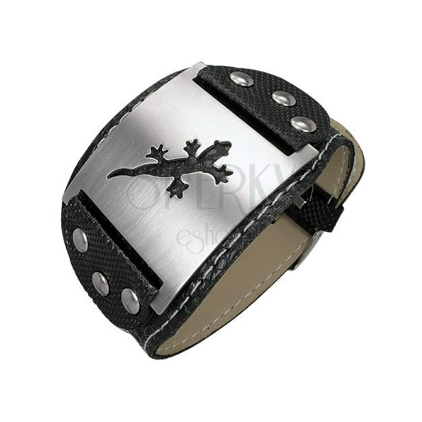 Imitation leather bracelet with studs and lizard