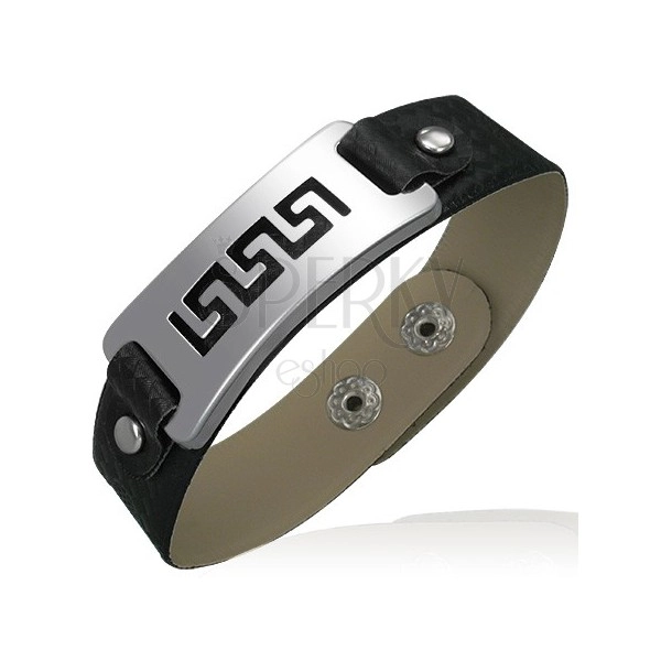 Black leatherette hand bracelet, steel plate with Greek key