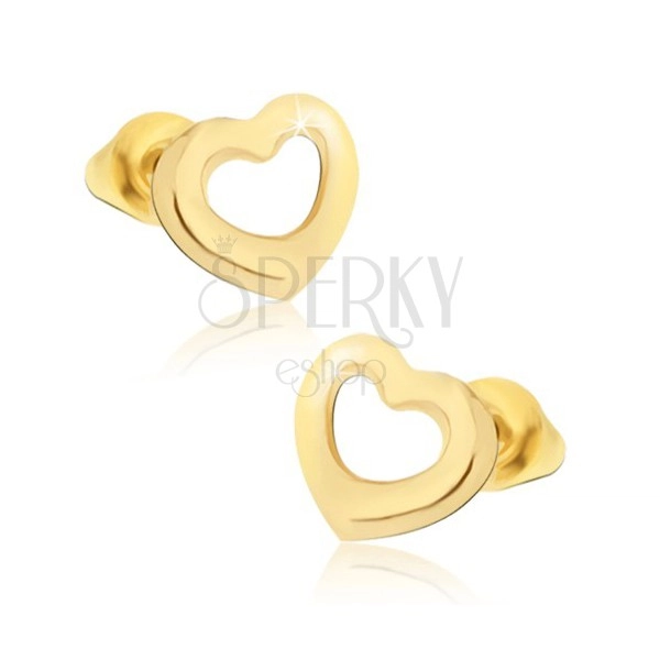 Shiny earrings in gold colour, symmetrical heart contours