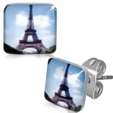 Square steel earrings with Eiffel tower