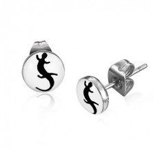 Round earrings made of steel, black lizard