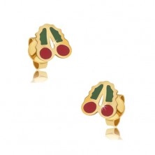 Gold stud earrings - glazed red and green cherries