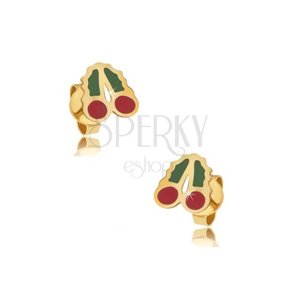 Gold stud earrings - glazed red and green cherries