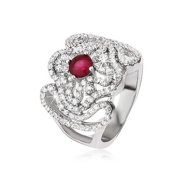 Silver ring, zircon cross, wavy lines and pink-red stone
