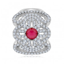 Silver ring, zircon cross, wavy lines and pink-red stone