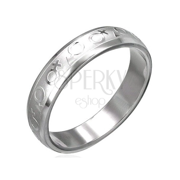 Stainless steel ring with male and female symbols