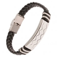 Black rubber bracelet - plait strap, tag with waves