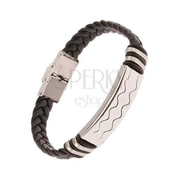 Black rubber bracelet - plait strap, tag with waves
