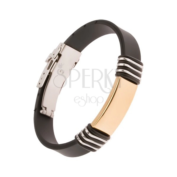 Black rubber bracelet with steel gold plate
